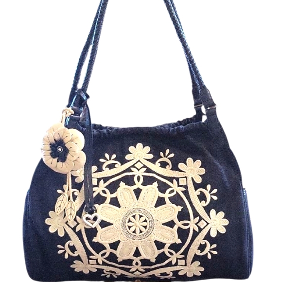 Brighton Mariana Elegant Black and White Embroidered Handbag With Leather Straps - Picture 1 of 11